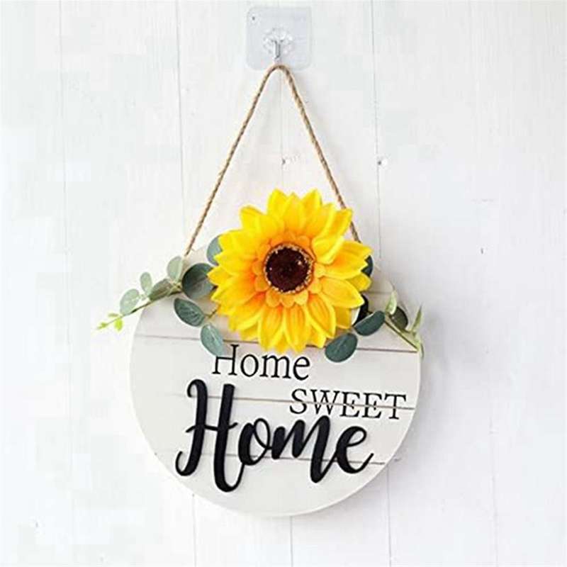 Sunflower Home Wooden Pendant Decor Wreath Sunflower Wooden Door Decoration Wooden Welcome Sign for