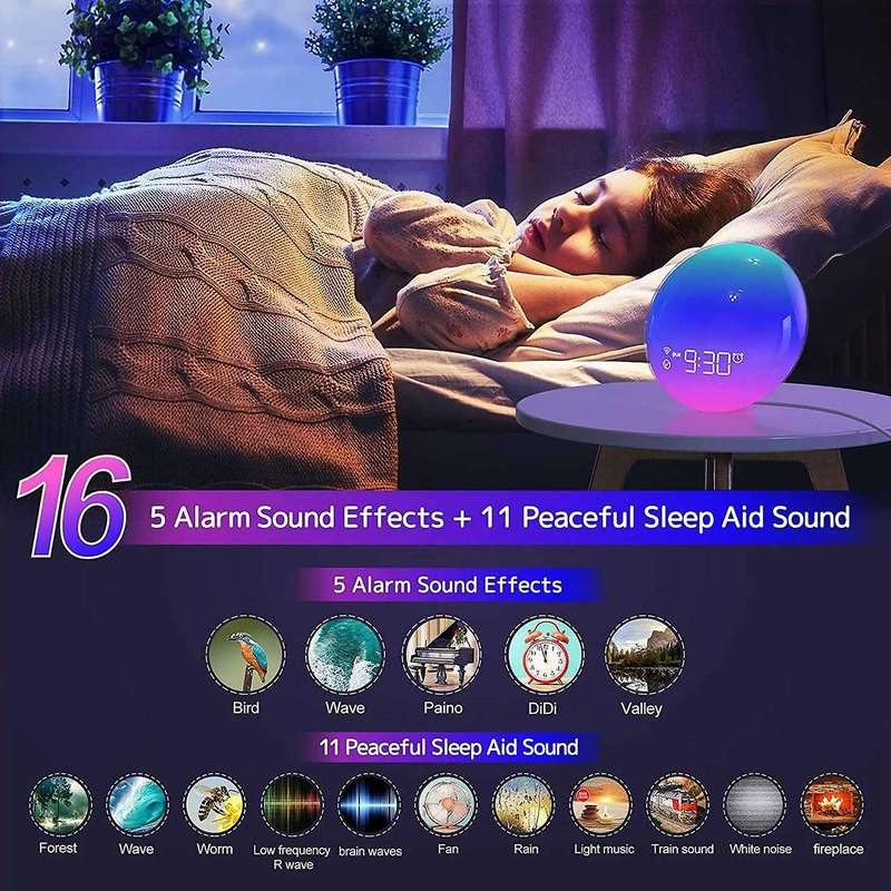 Sunrise Alarm Clock for Bedrooms, Colorful Lights Clock for Bedroom Adult&Baby Sleep Sound Machine