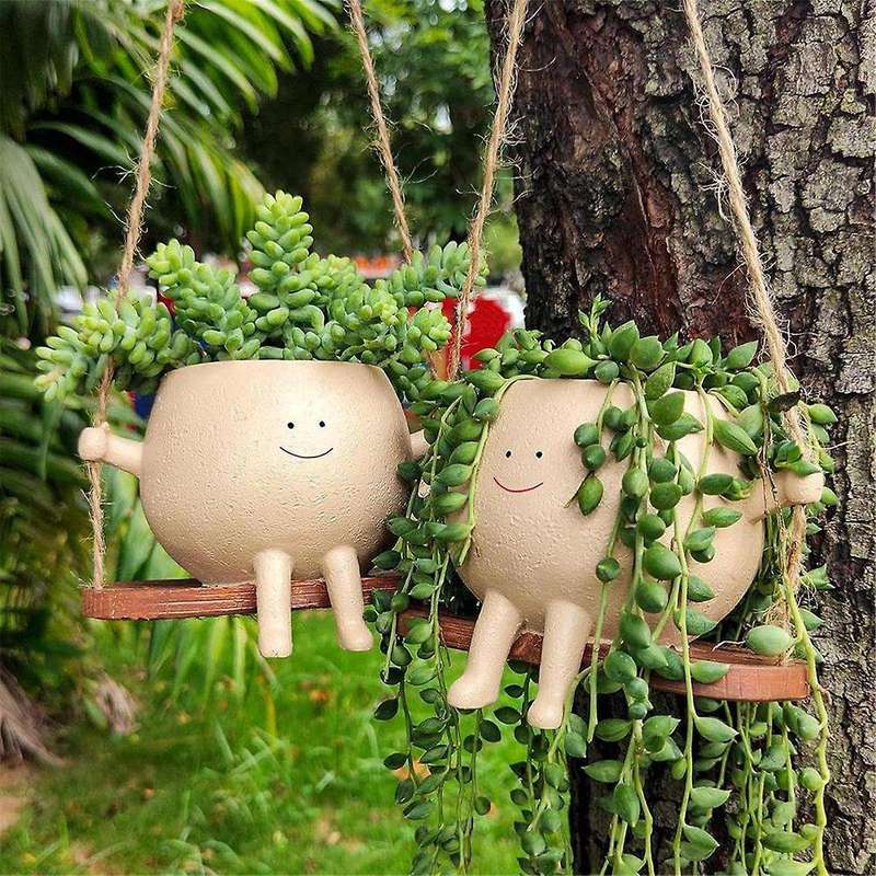 Swing Face Planter Pots, Cute Wall Hanging Resin Flower Head Planters for Indoor & Outdoor, Succulen