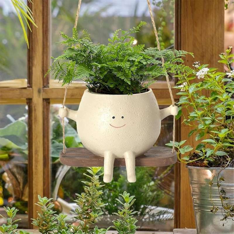 Swing Face Planter Pots, Cute Wall Hanging Resin Flower Head Planters for Indoor & Outdoor, Succulen