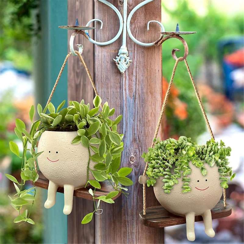 Swing Face Planter Pots, Cute Wall Hanging Resin Flower Head Planters for Indoor & Outdoor, Succulen