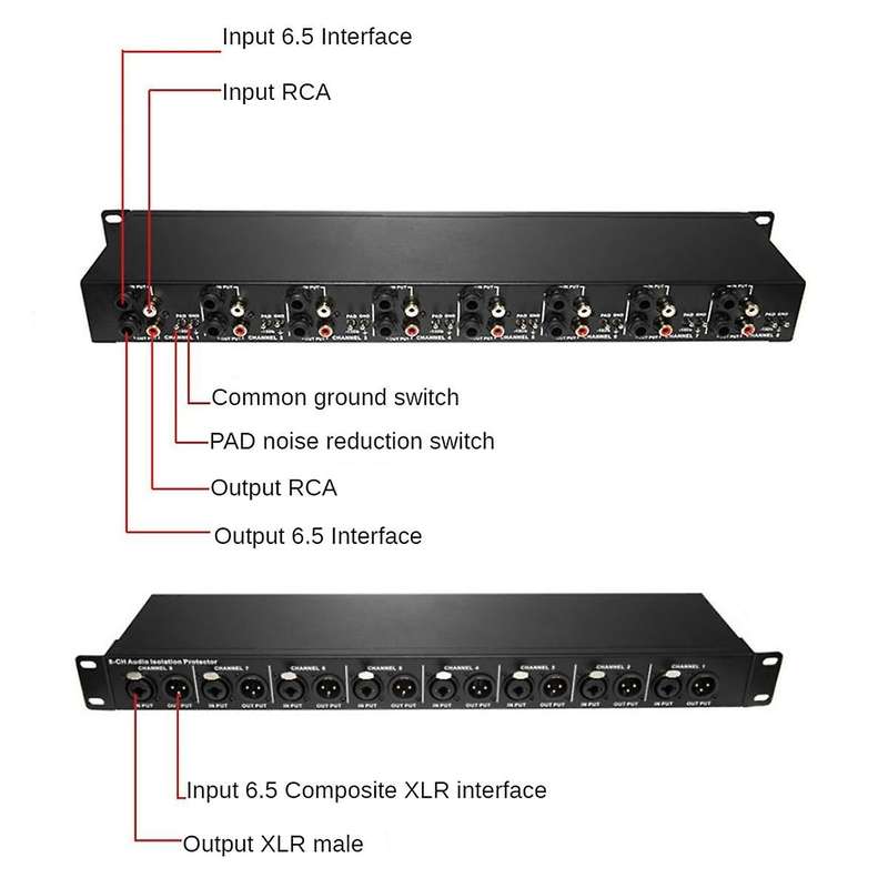 T8 Multi-Function 8-Channel Audio Isolator 1U Rack Mounted XLR 6.35mm Audio Isolator Eliminates Curr