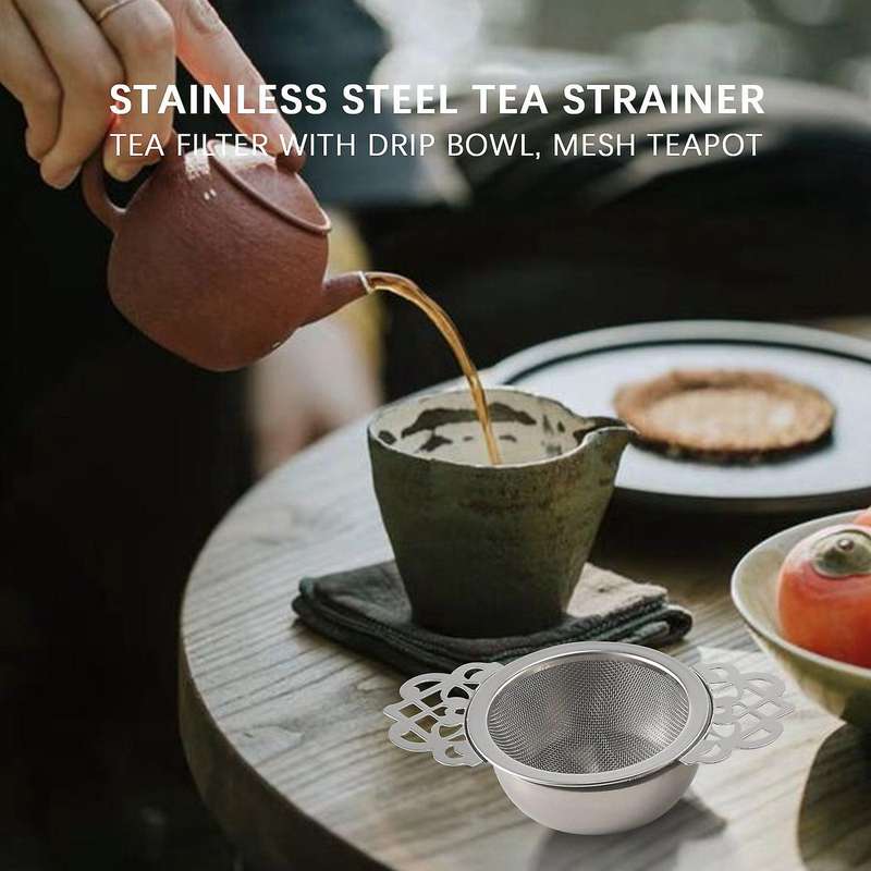 Tea Strainer with Dripping Bowl, Mesh Teapot, Stainless Steel Pine Leaf Tea Strainer, Double Winged