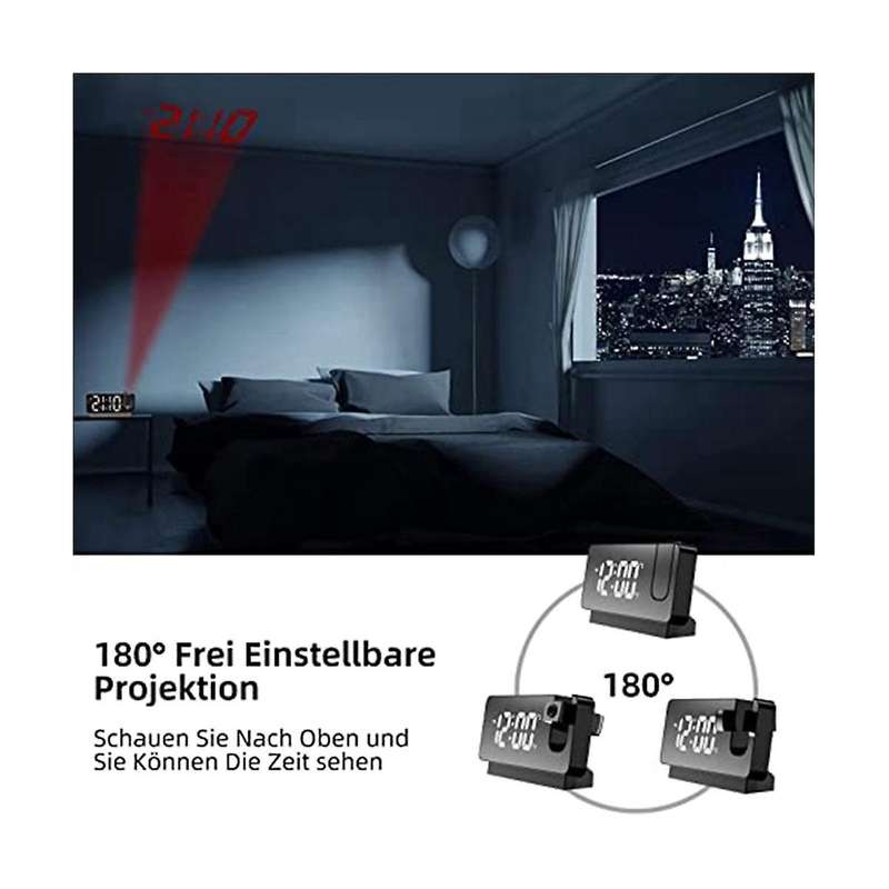 Temperature Calendar Brightness Adjustment Black White Mirror Mute Projection Alarm Clock