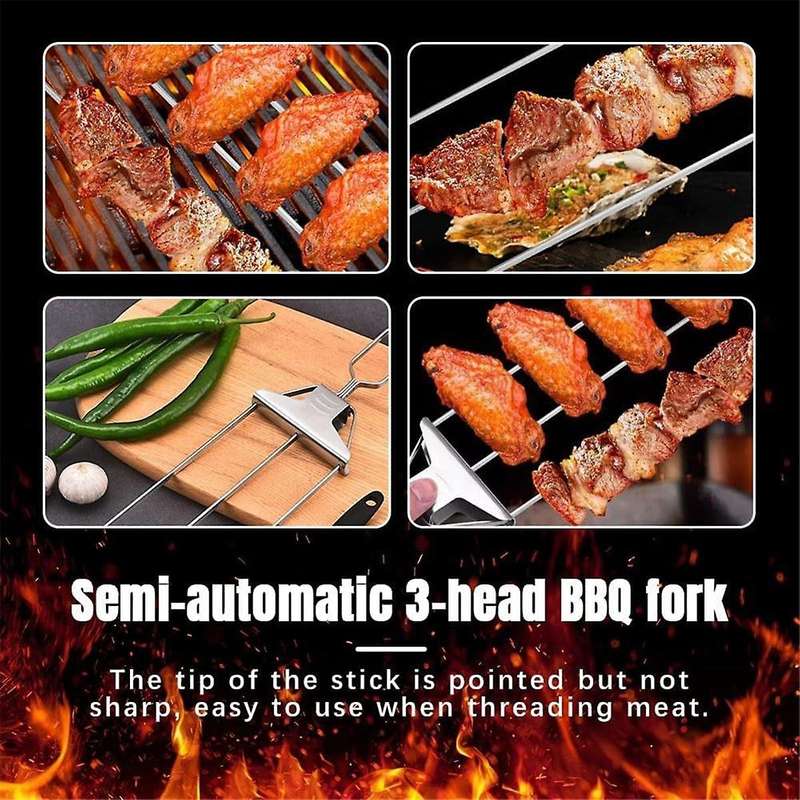 Three- Barbecue Fork Semi-Automatic Barbecue Fork Household Barbecue Barbecue Needle Kebab