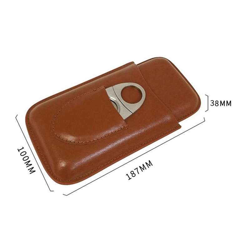 Three-Finger Humidors Portable Cigar Box Brown Cigar Leather Case with Cigar Cutter - Brown