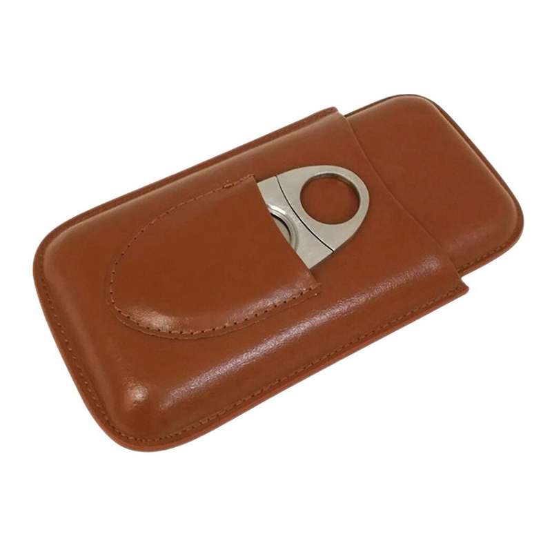 Three-Finger Humidors Portable Cigar Box Brown Cigar Leather Case with Cigar Cutter - Brown
