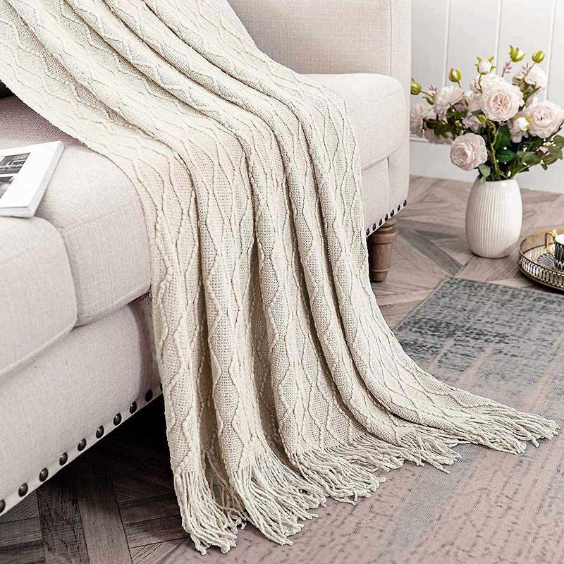 Throw Blankets for Couch Knitted and Soft Textured Couch Blanket with Decorative Tassels for Sofa-Ye