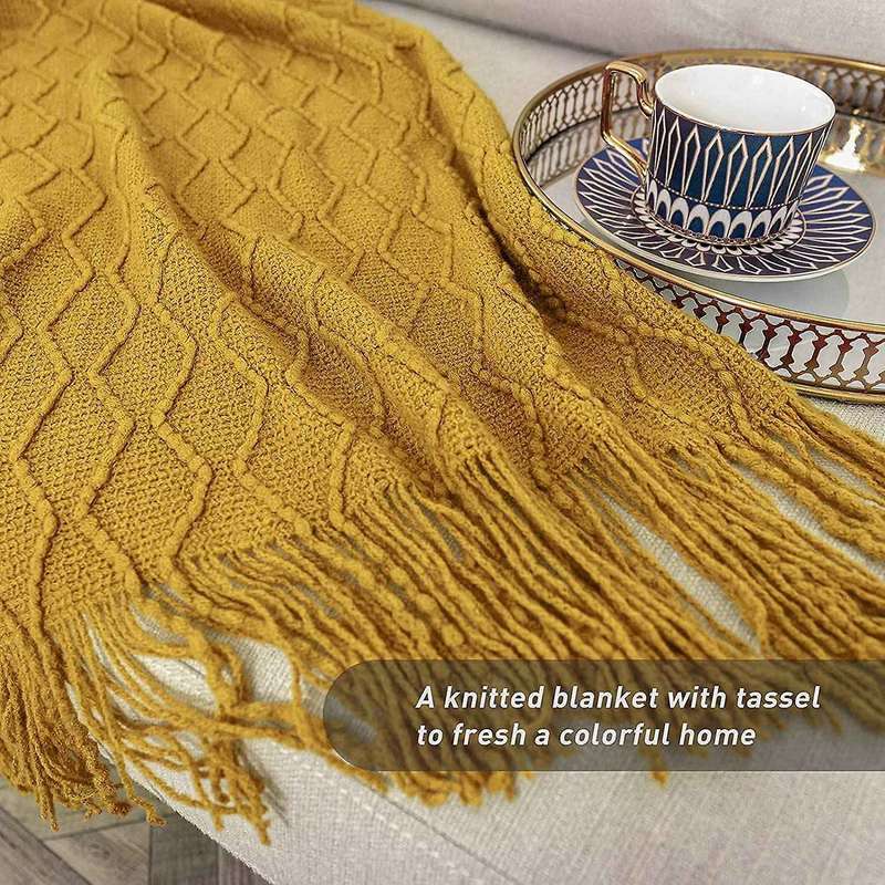 Throw Blankets for Couch Knitted and Soft Textured Couch Blanket with Decorative Tassels for Sofa-Ye