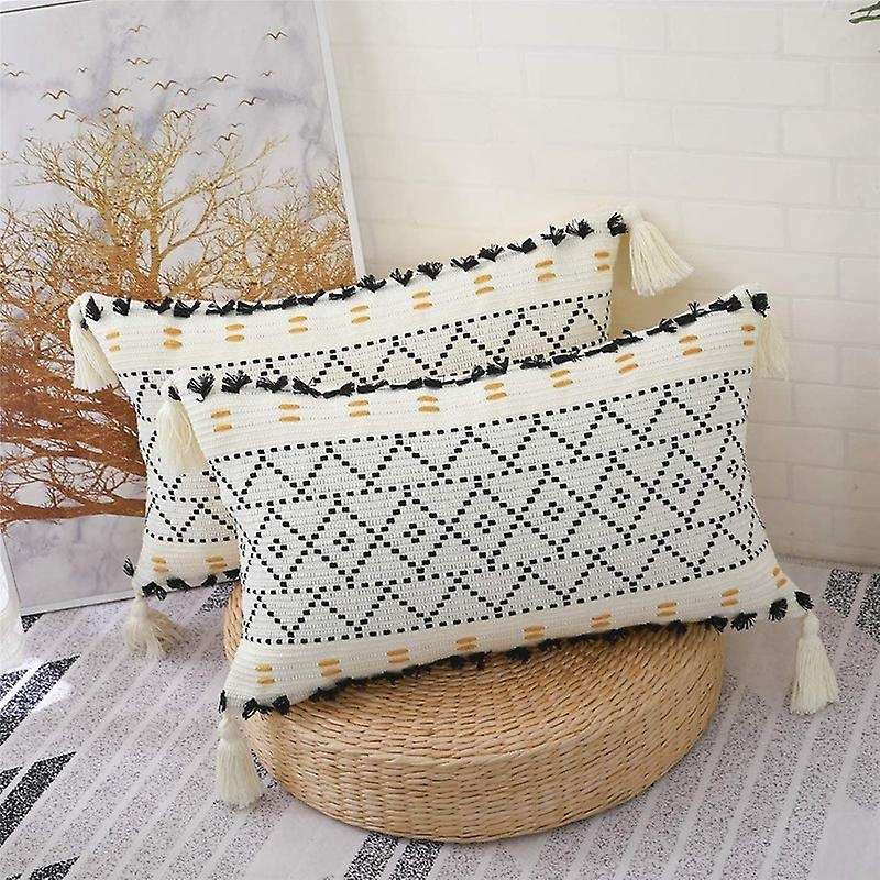 Throw Pillow Covers Natural Cotton Hand-Woven Tufted Decorative Lumbar Pillowcase for Sofa Farmhouse