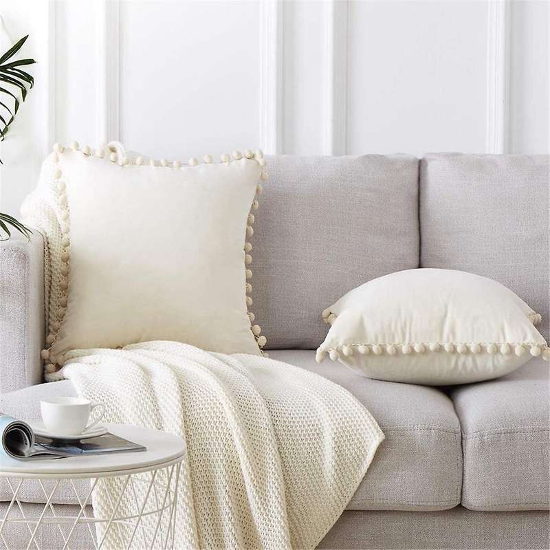 Throw Pillow Covers with Pom Poms Velvet Cushion Cover 18x18Inch Square Pillow Case Set for Living R