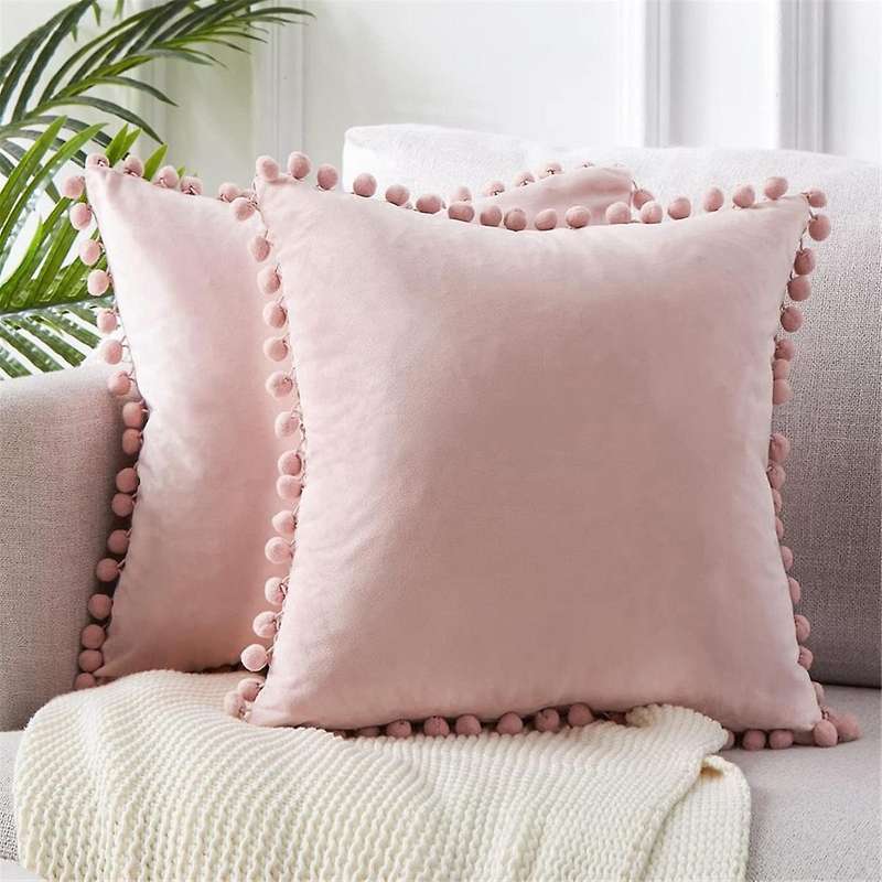 Throw Pillow Covers with Pom Poms Velvet Cushion Cover 18x18Inch Square Pillow Case Set for Living R