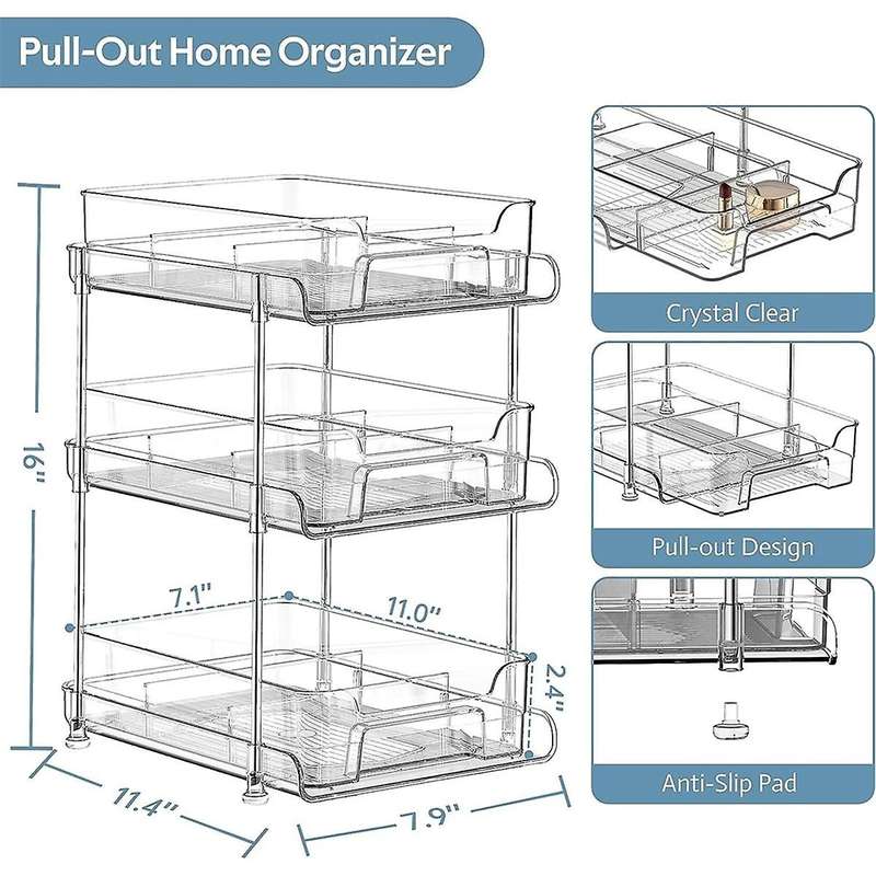 Tier Clear Pull Out Organizer with 3pcs Storage Bins, Multi- Slide-out Storage Container, Bathroom K
