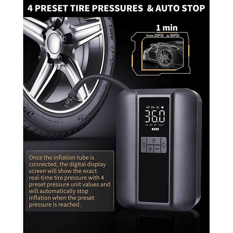 Tire Inflator Portable Air Compressor - Electric Tire Pump with Auto-Stop, Digital Pressure Gauge, L