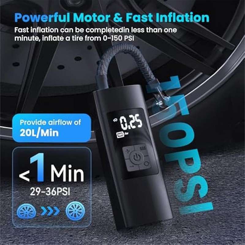 Tire Inflator Portable Air Compressor,150psi Cordless Portable Air Pump for Car Tires,lcd Display Po