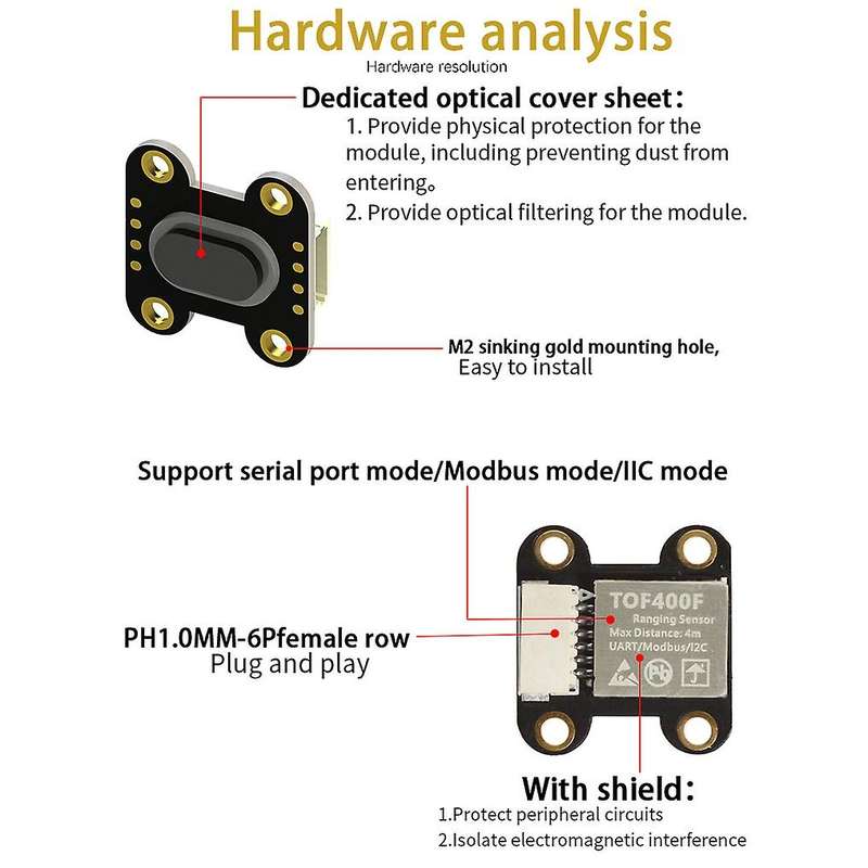 TOF400F Distance Sensor Module 4M Distance MODBUS IIC Serial Port Output Multi-Mode