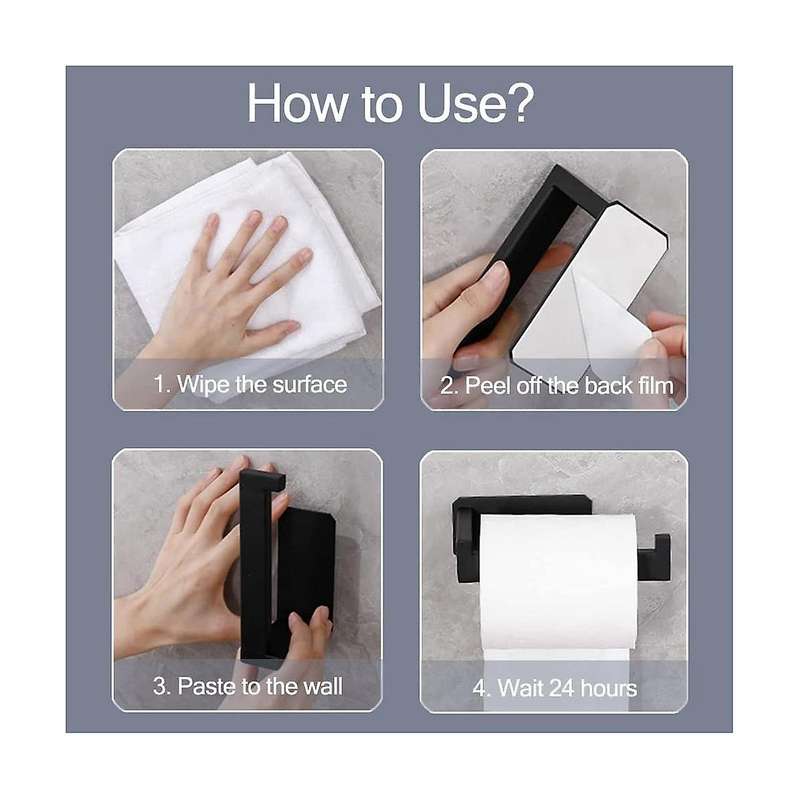 Toilet Paper Holder No Drilling Toilet Paper Holder Black 3 Towel Hooks Self-adhesive Stainless Ste