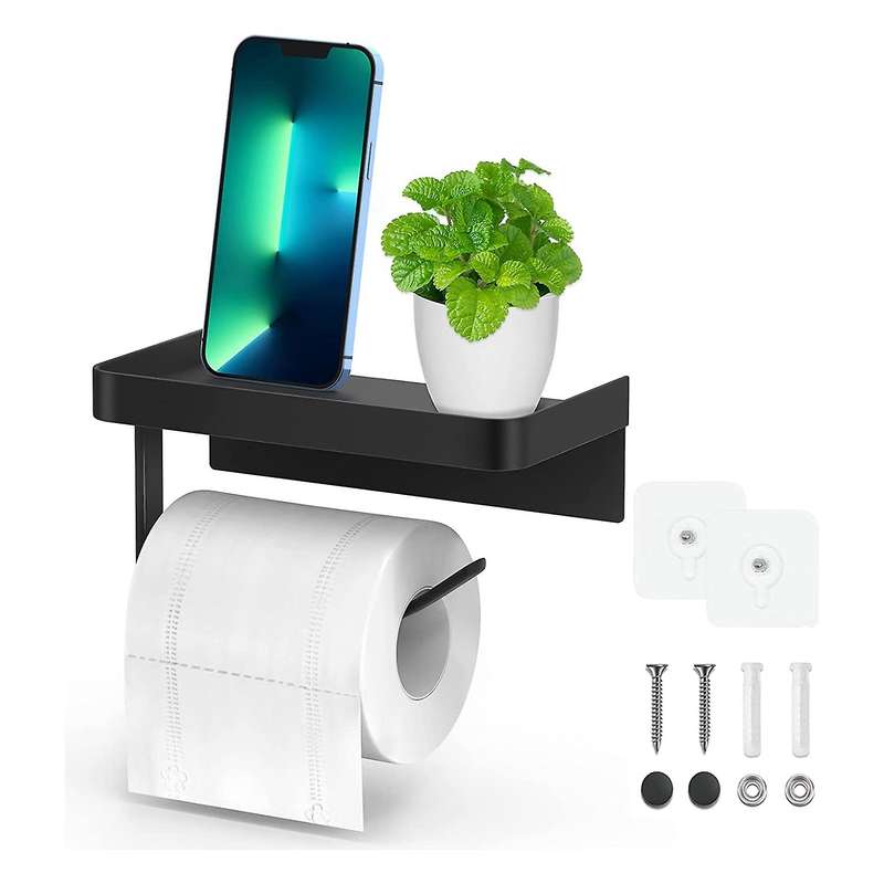 Toilet Roll Holder with Shelf, Toilet Paper Holder Adhesive for Bathroom Washroom Toilet Kitchen