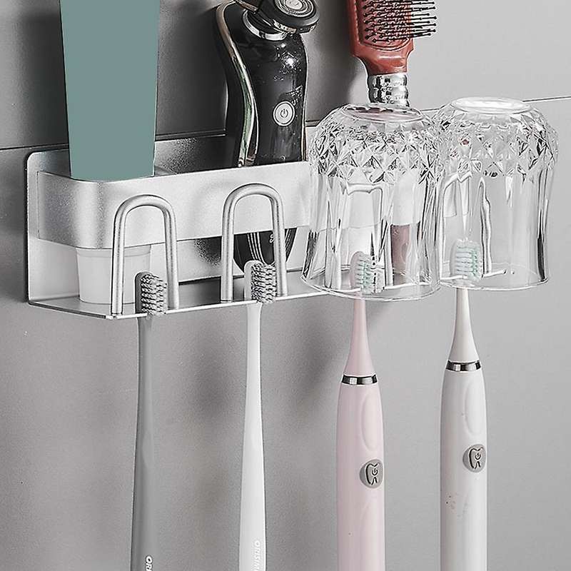 Toothbrush Holder Bathroom Toothpaste Storage Rack Wall-Mounted Holder Punch-Free Storage Rack(Blac