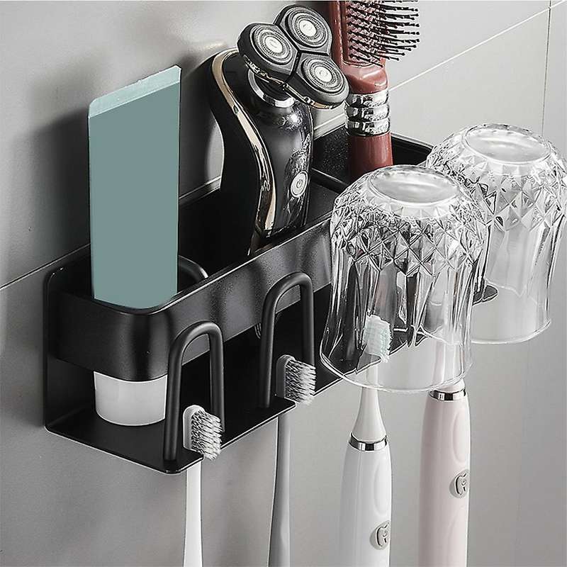 Toothbrush Holder Bathroom Toothpaste Storage Rack Wall-Mounted Holder Punch-Free Storage Rack(Blac
