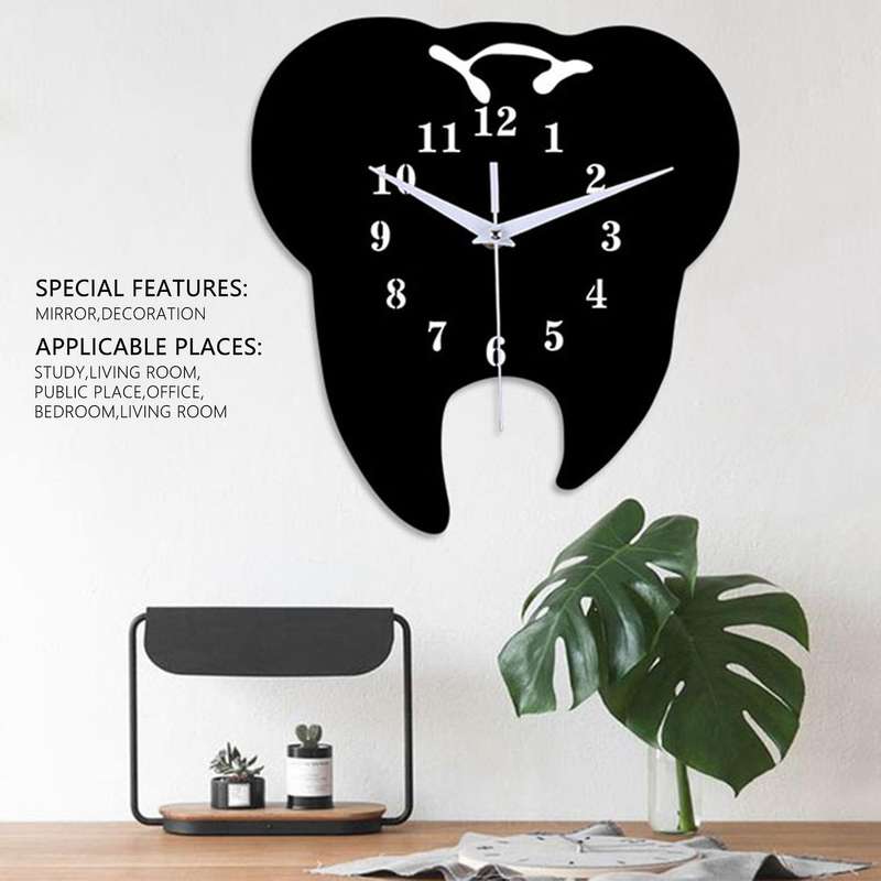 Tooth-shaped Wall Clock Dental Ornament Wall Clock 3d Acrylic Mirror Wall Sticker Home Decor-black