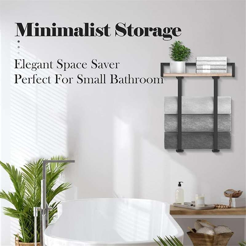Towel Racks for Bathroom Wall Mounted,metal Towel Holder with Wooden Shelf for Folding Towels,black