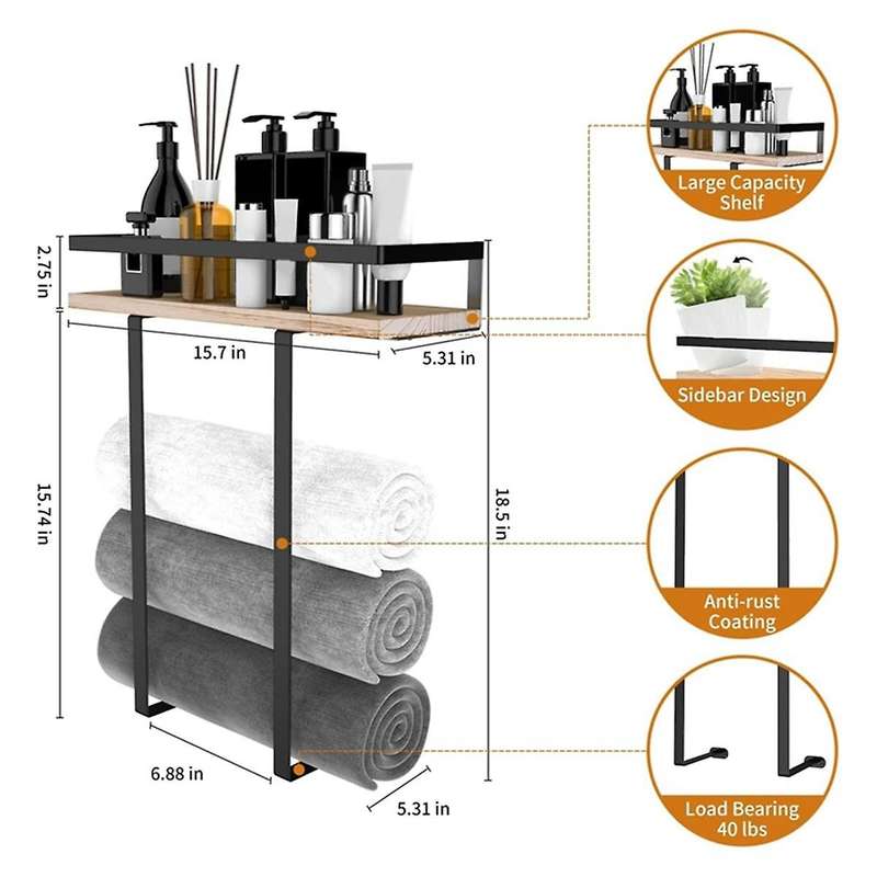 Towel Racks for Bathroom Wall Mounted,metal Towel Holder with Wooden Shelf for Folding Towels,black