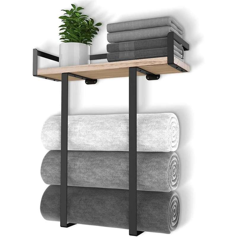 Towel Racks for Bathroom Wall Mounted,metal Towel Holder with Wooden Shelf for Folding Towels,black