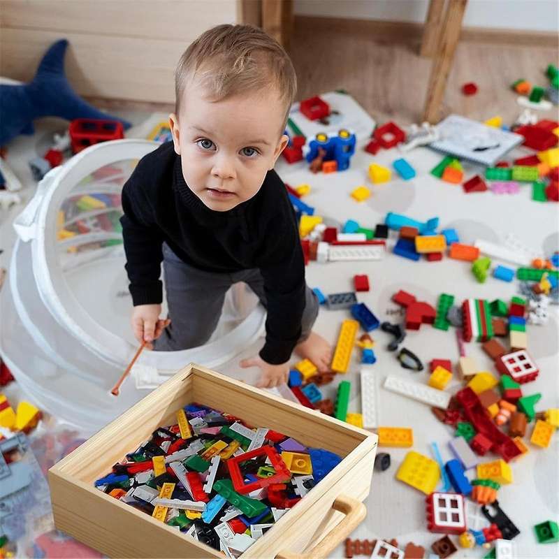 Toy Storage Organizer, Building Blocks Box with Handle and Lids, Natural Wood Kids Child Toy Contain