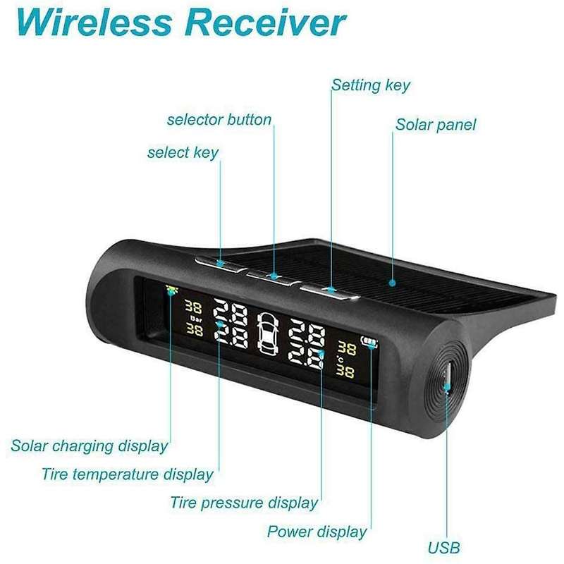 TPMS Car Tire Pressure Monitoring System Solar Power Charging with 4 Advanced External TMPS Sensors,