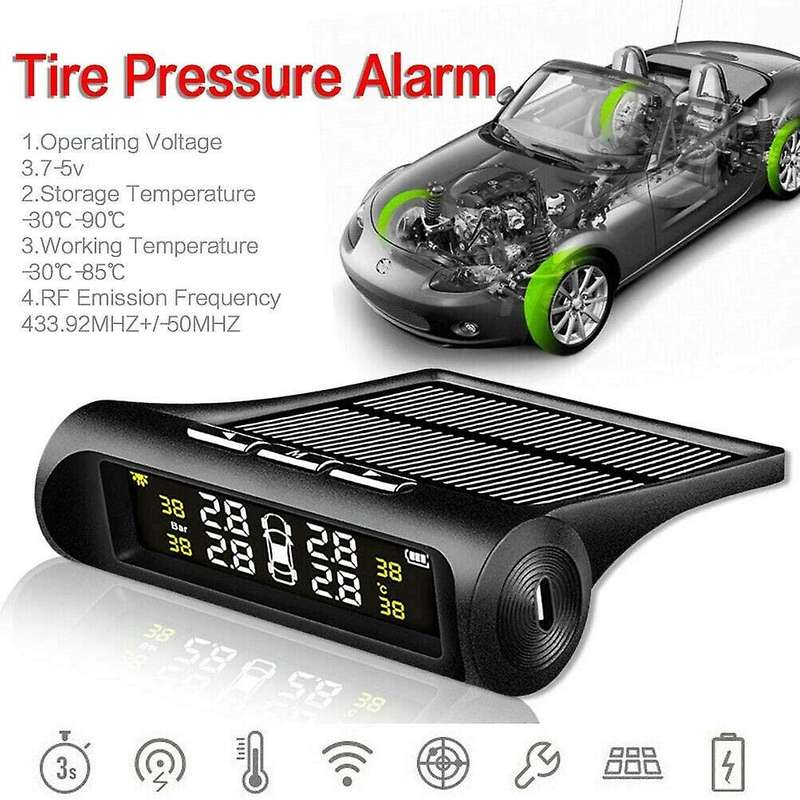 TPMS Car Tire Pressure Monitoring System Solar Power Charging with 4 Advanced External TMPS Sensors,