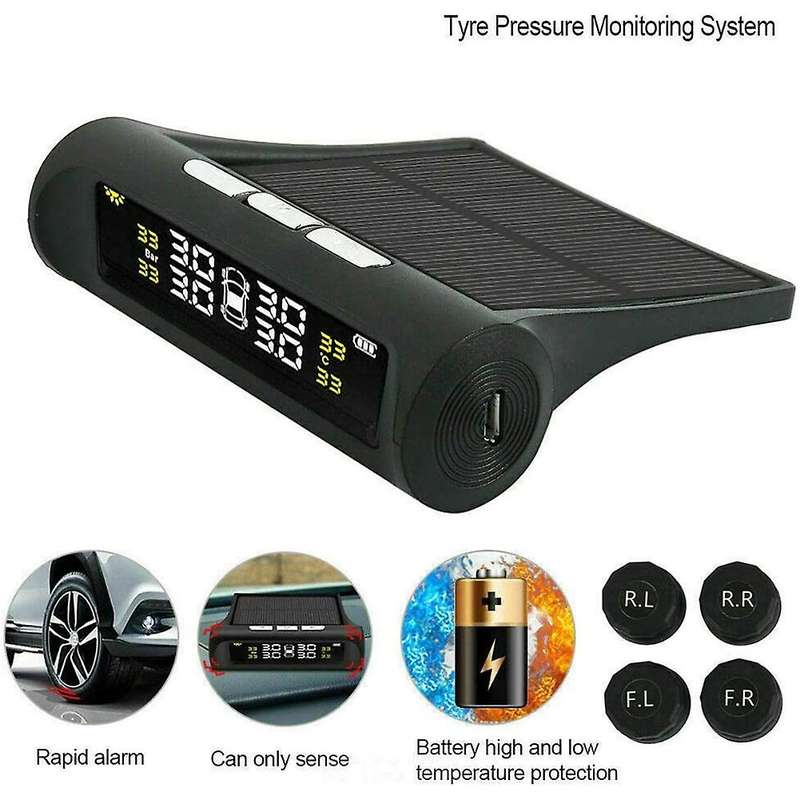 TPMS Car Tire Pressure Monitoring System Solar Power Charging with 4 Advanced External TMPS Sensors,