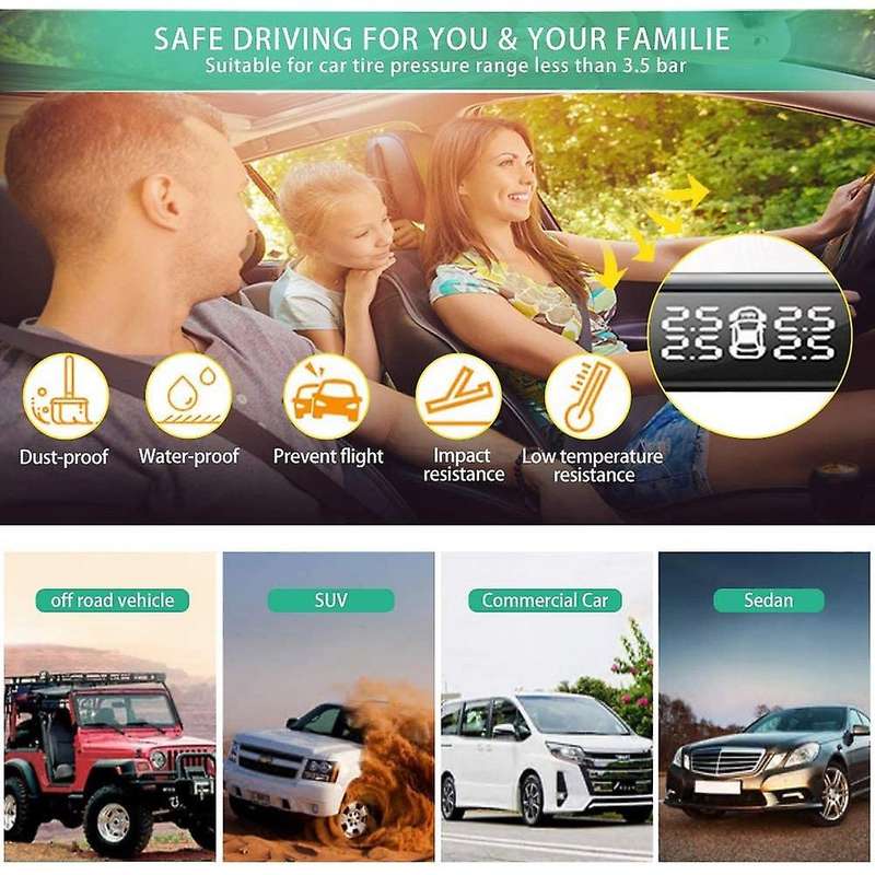 TPMS Car Tire Pressure Monitoring System Solar Power Charging with 4 Advanced External TMPS Sensors,