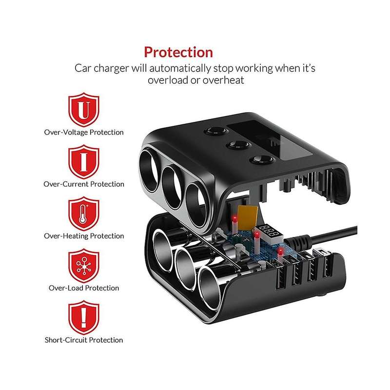 Tr12 Car Lighter Triple-evaporator with Switch Voltage Display 4 Usb Car Lighter 120w Charger,black+