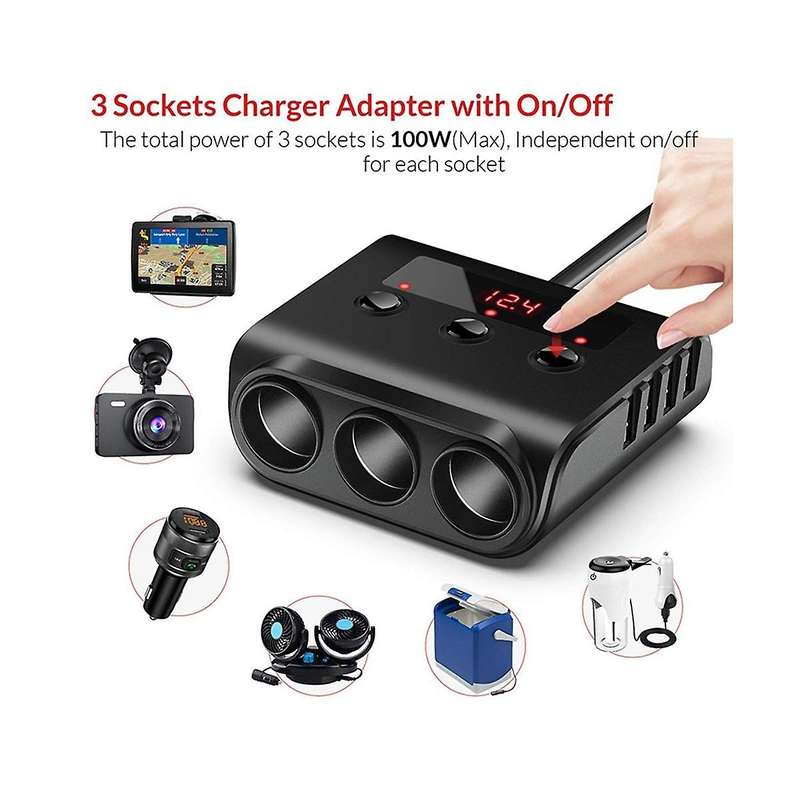Tr12 Car Lighter Triple-evaporator with Switch Voltage Display 4 Usb Car Lighter 120w Charger,black+