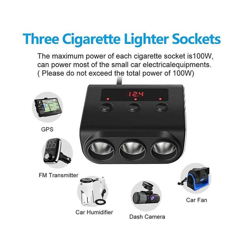 Tr12 Car Lighter Triple-evaporator with Switch Voltage Display 4 Usb Car Lighter 120w Charger,black+