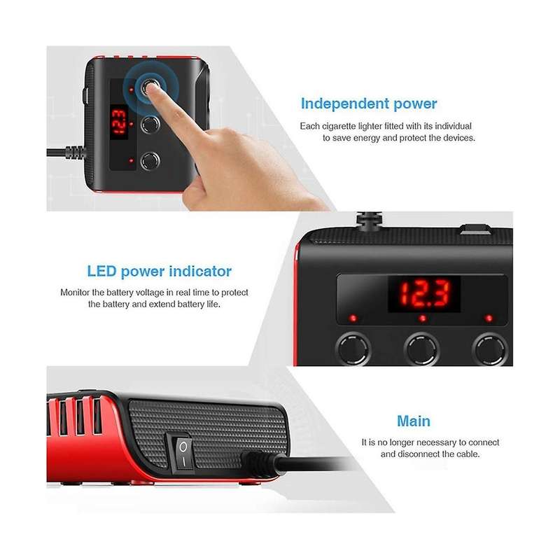 Tr12 Car Lighter Triple-evaporator with Switch Voltage Display 4 Usb Car Lighter 120w Charger,black+