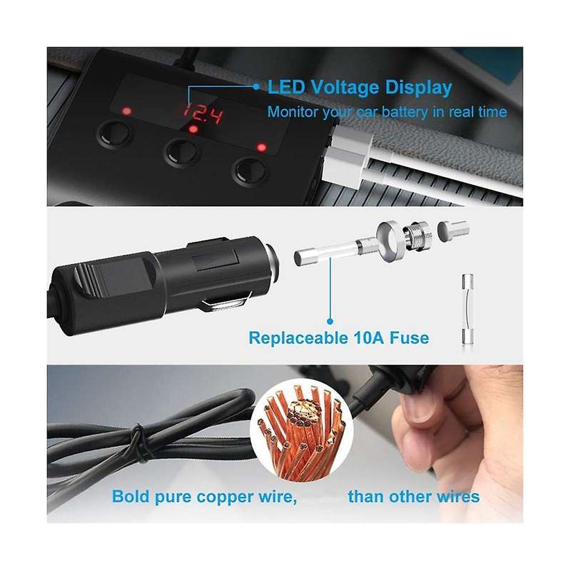 Tr12 Car Lighter Triple-evaporator with Switch Voltage Display 4 Usb Car Lighter 120w Charger,black+