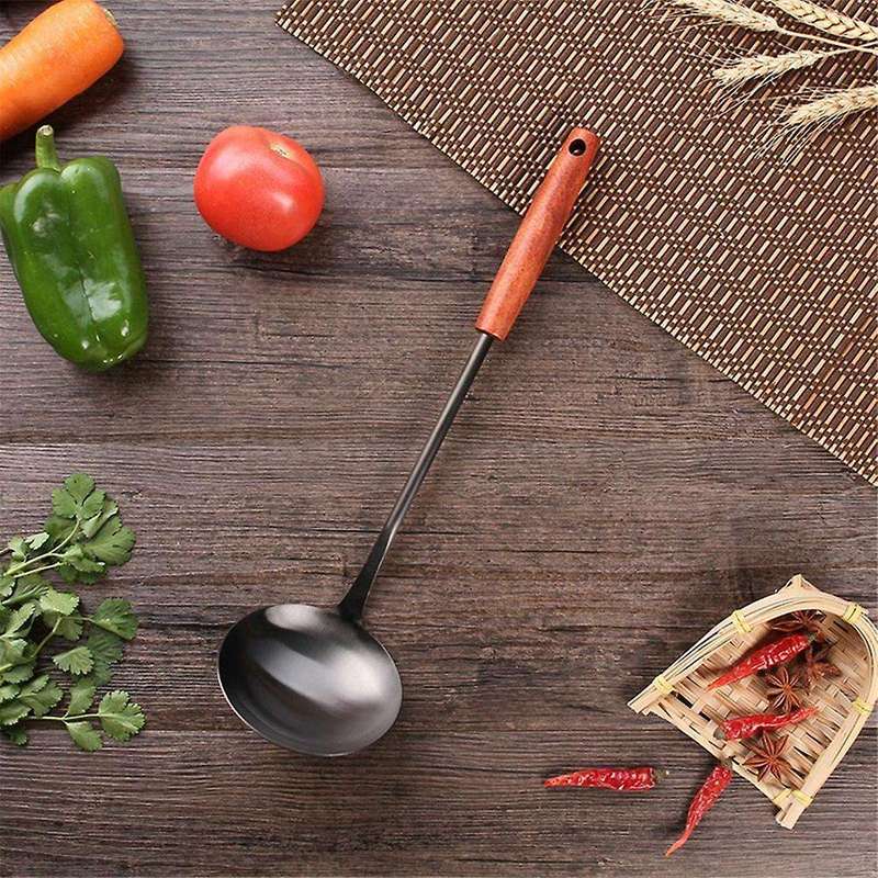 Traditional Stainless Steel Shovel Furnishing Spoon Wooden Handle Iron Pot Tap Fry Kitchen Utensils