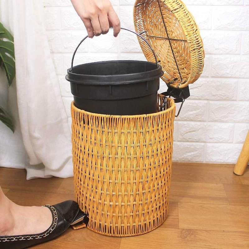 Trash Can Fashion Trash Can Recycle Bin Home Storage Bucket Foot Operated Rattan Weaving Kitchen Tra