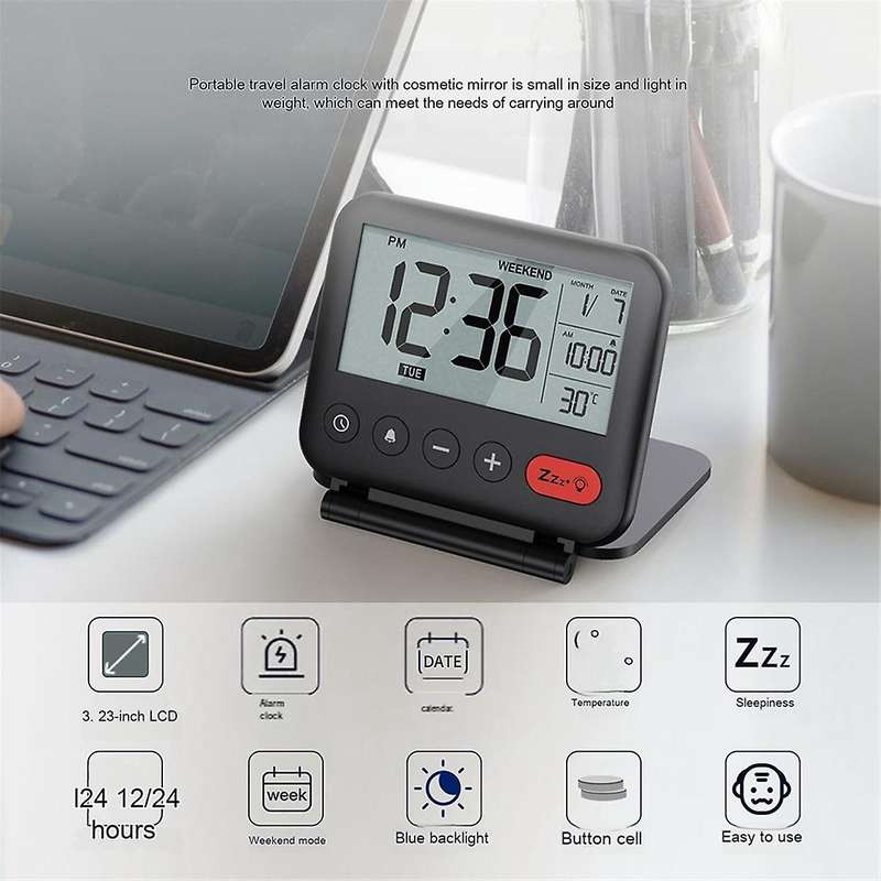 Travel Clock Folding Flip Portable Clock Cosmetic Mirror Alarm Clock Simple Desktop Electronic Alarm