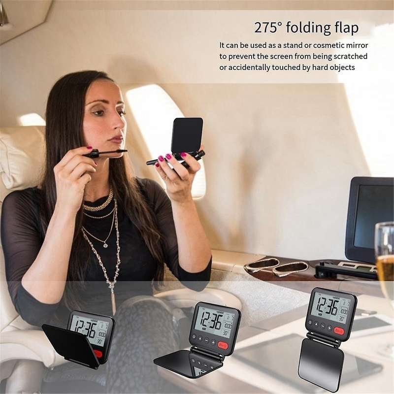 Travel Clock Folding Flip Portable Clock Cosmetic Mirror Alarm Clock Simple Desktop Electronic Alarm