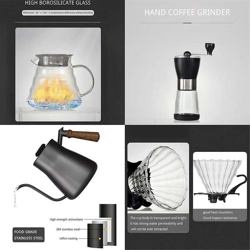 Travel Hand Coffee Pot Pour Over Coffee Maker Set Coffee Kettle Dripping Cup Portable Bean Grinder