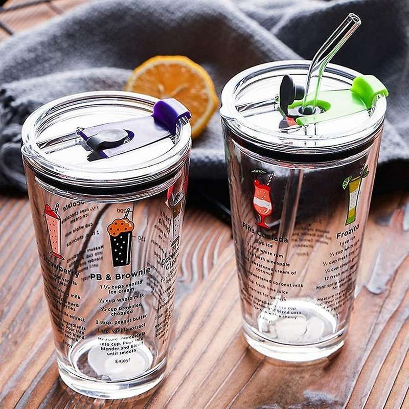 Travel Glass Coffee Cup with Non-Slip Cover Glass with Straws Cute Household Glass Cup with Scale 45