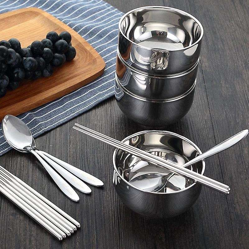 Tri- Stainless Steel Dinnerware Bowls Fork Spoons Chopsticks Tableware Set with Storage Bag for Camp
