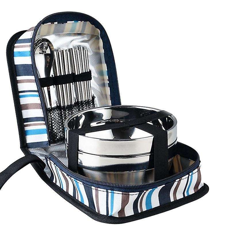 Tri- Stainless Steel Dinnerware Bowls Fork Spoons Chopsticks Tableware Set with Storage Bag for Camp