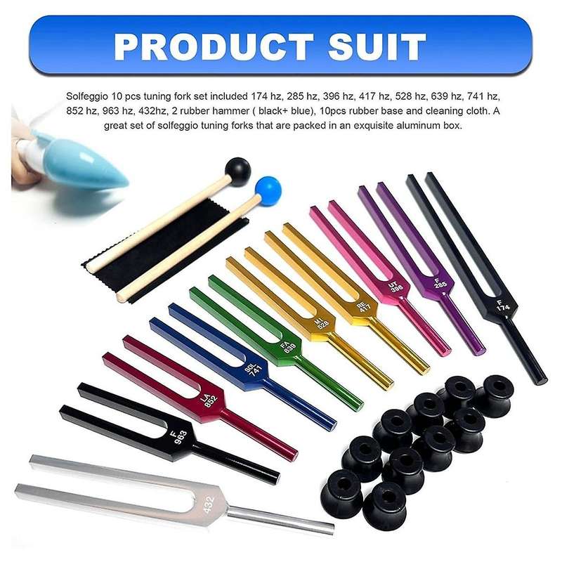 Tuning Forks Set - 10Pcs Unweighted Aluminum Alloy Forks with Cleaning Cloth, Rubber Mallets and Alu