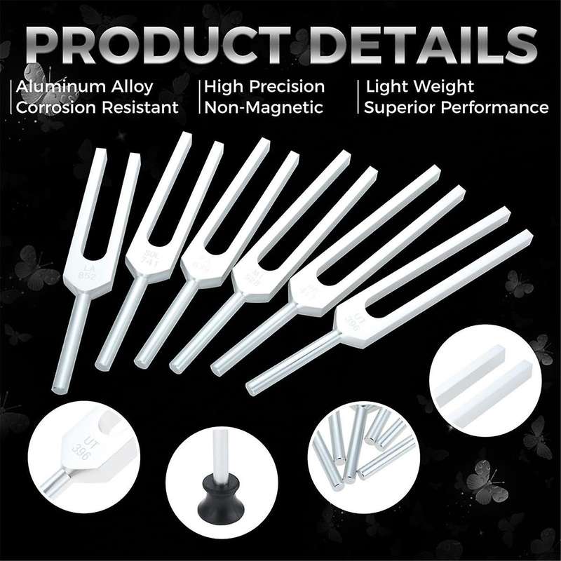 Tuning Fork Set of 6 (UT 396Hz, RE 417Hz, MI 528Hz, SOL 639HZ, FA741HZ, LA 852HZ) with Wooden Hamme