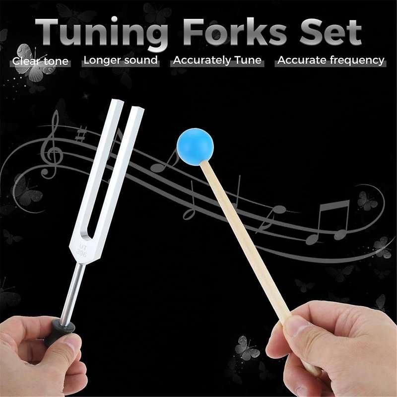 Tuning Fork Set of 6 (UT 396Hz, RE 417Hz, MI 528Hz, SOL 639HZ, FA741HZ, LA 852HZ) with Wooden Hamme