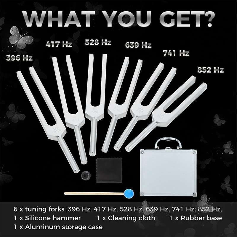Tuning Fork Set of 6 (UT 396Hz, RE 417Hz, MI 528Hz, SOL 639HZ, FA741HZ, LA 852HZ) with Wooden Hamme